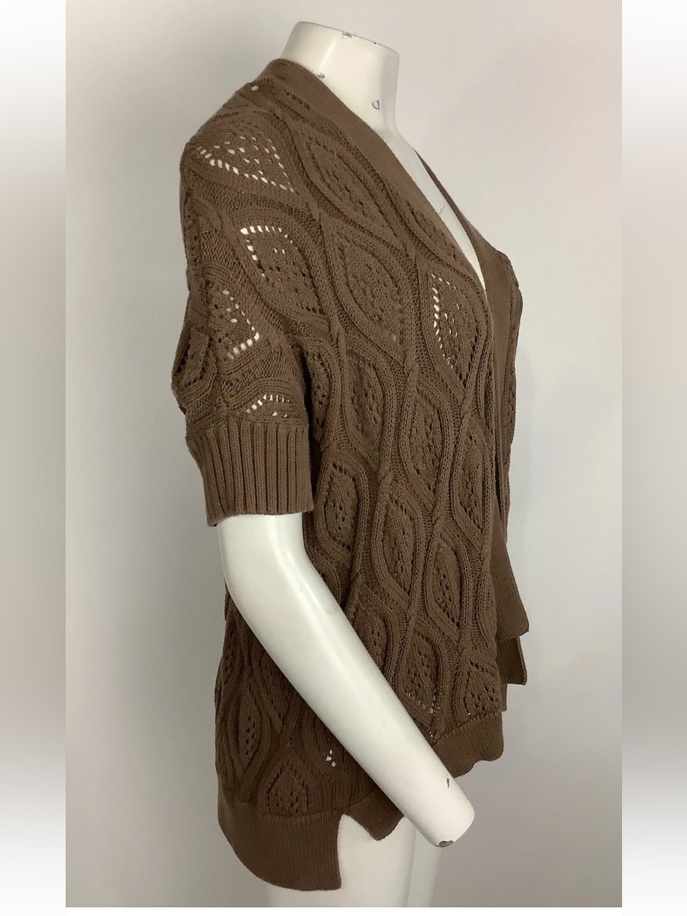 Loft Sz L 100% Cotton Leaf Knit Short Sleeve Open Boho Natural Cardigan Brown - Picture 2 of 5